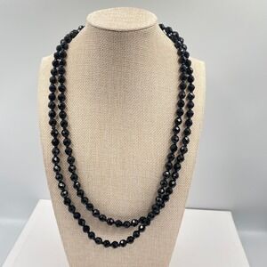 Vintage Black Faceted Round Double Strand French Jet Beaded Push Lock Necklace